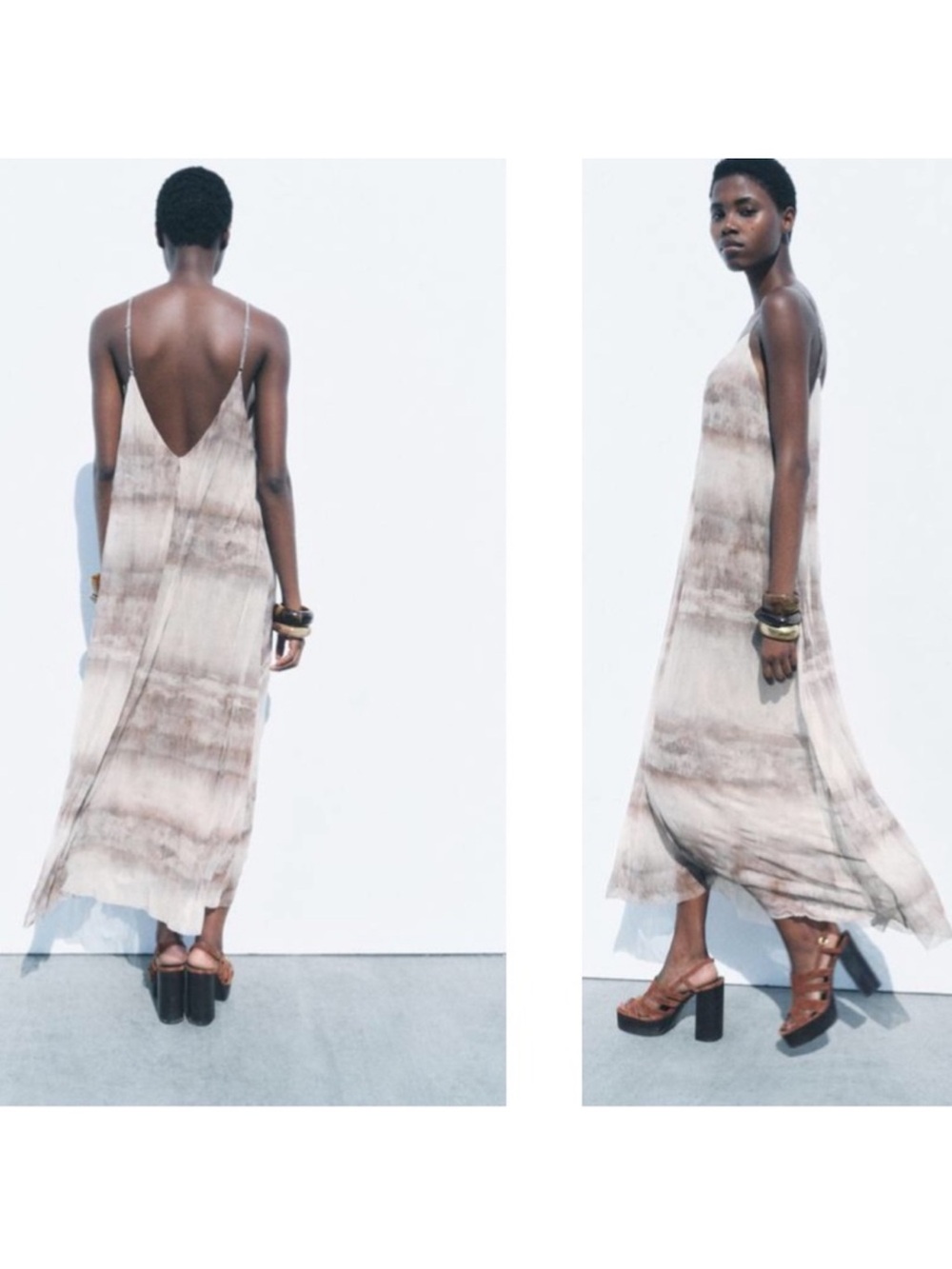 Zara Neutral Tie-Dye Slip Maxi Dress in Beige and Taupe